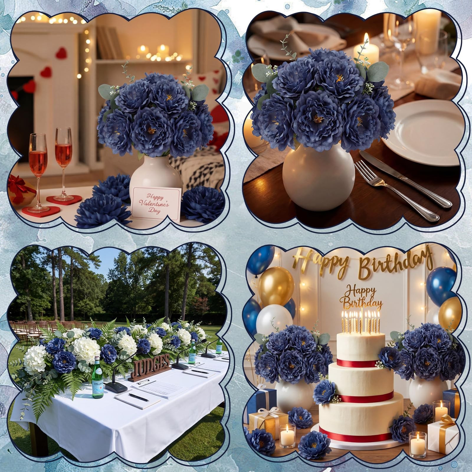Artificial Peonies Flowers 5.5 Inch 50 PCS Ink Blue Silk Wire Branch Bouquets