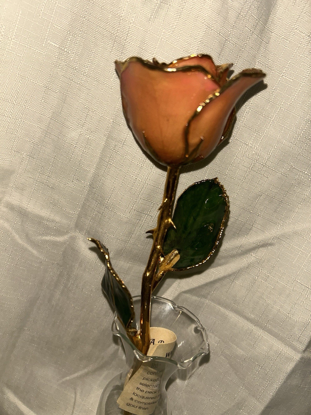 24K Gold Trimmed Real Peach Forever Rose Crystal Vase Green Glass Keepsake