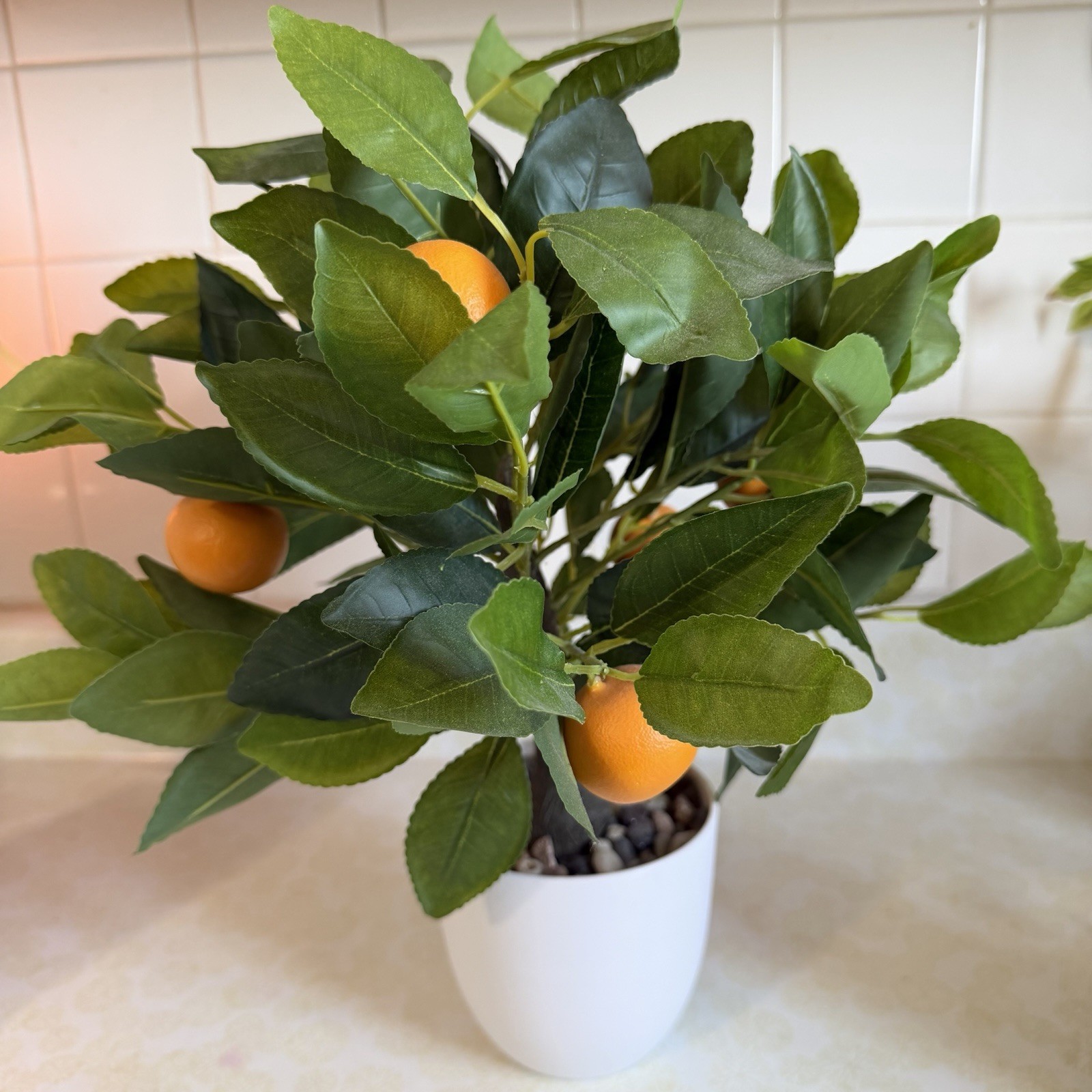 Artificial Orange Tree Topiary in White Pot with Pebbles, Plastic Green/Orange