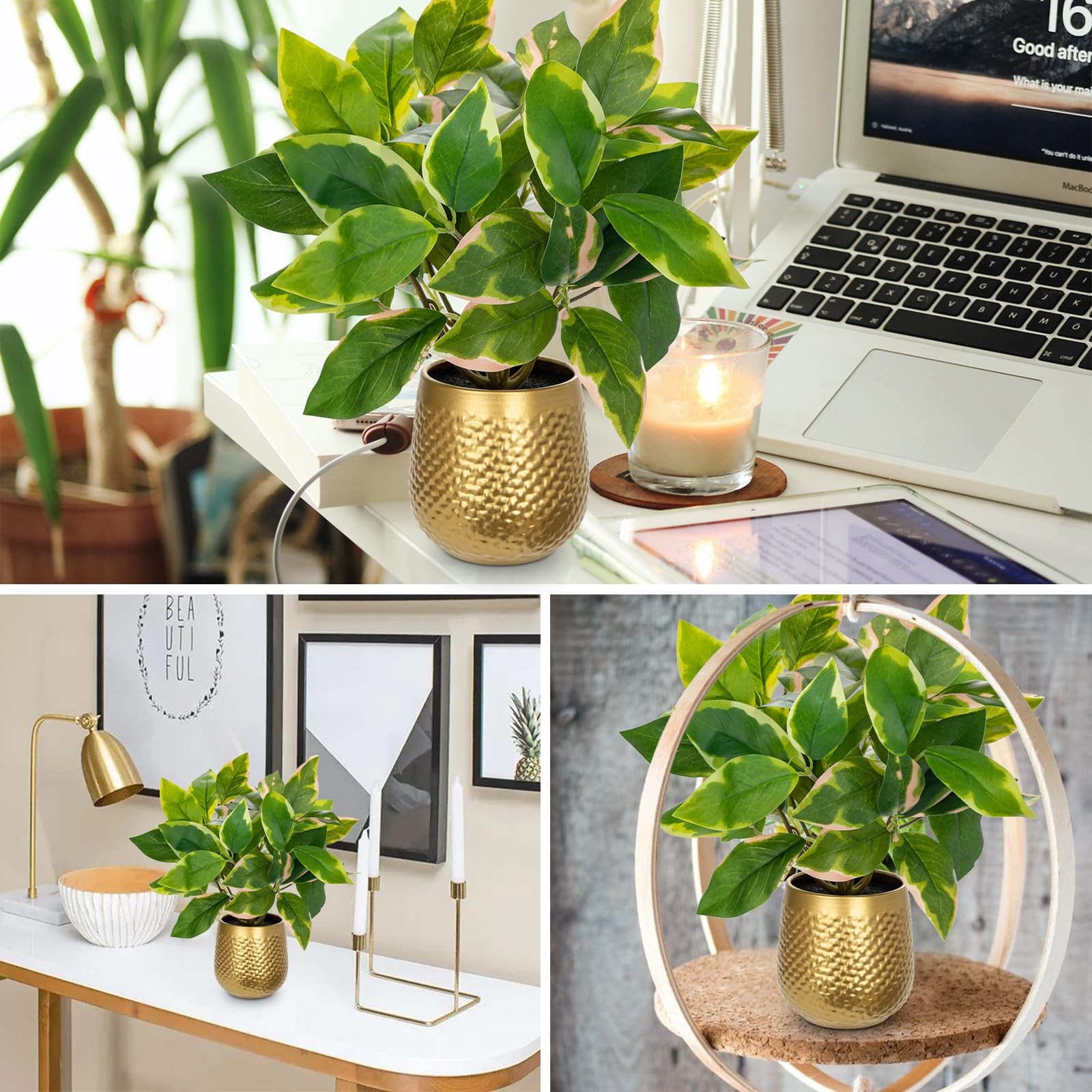 Small Artificial Pothos N Joy Potted Plant Gold Pots Office Desk Decor