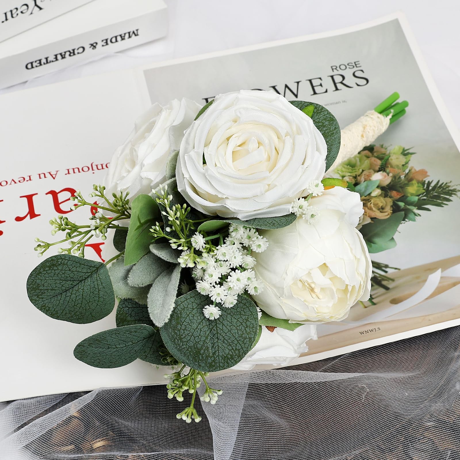 4 PCS Ivory White Peonies & Rose Bridesmaid Bouquets Wedding Decor