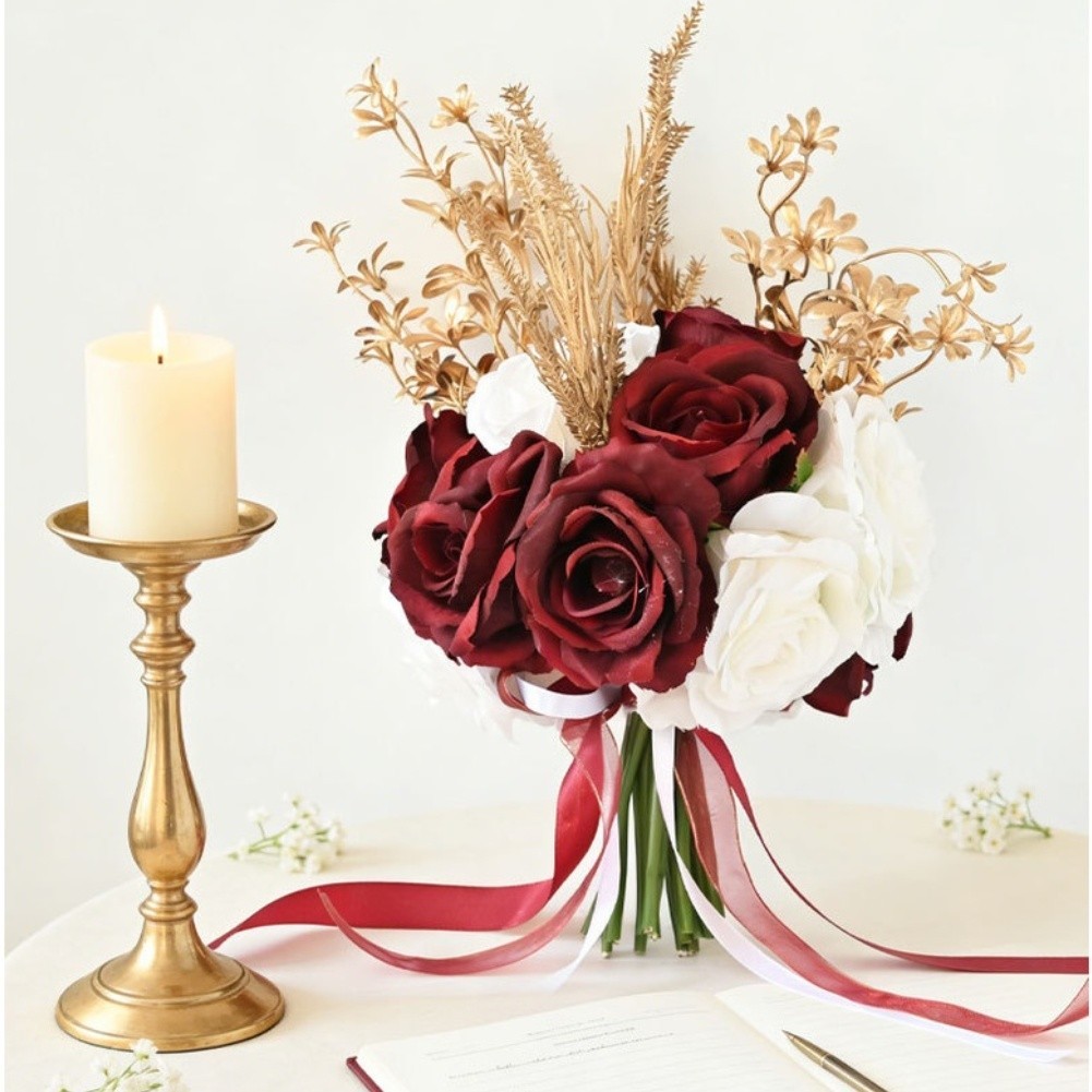 Silk Wedding Bridal Bouquet Artificial Handheld Roses with Bow Decoration