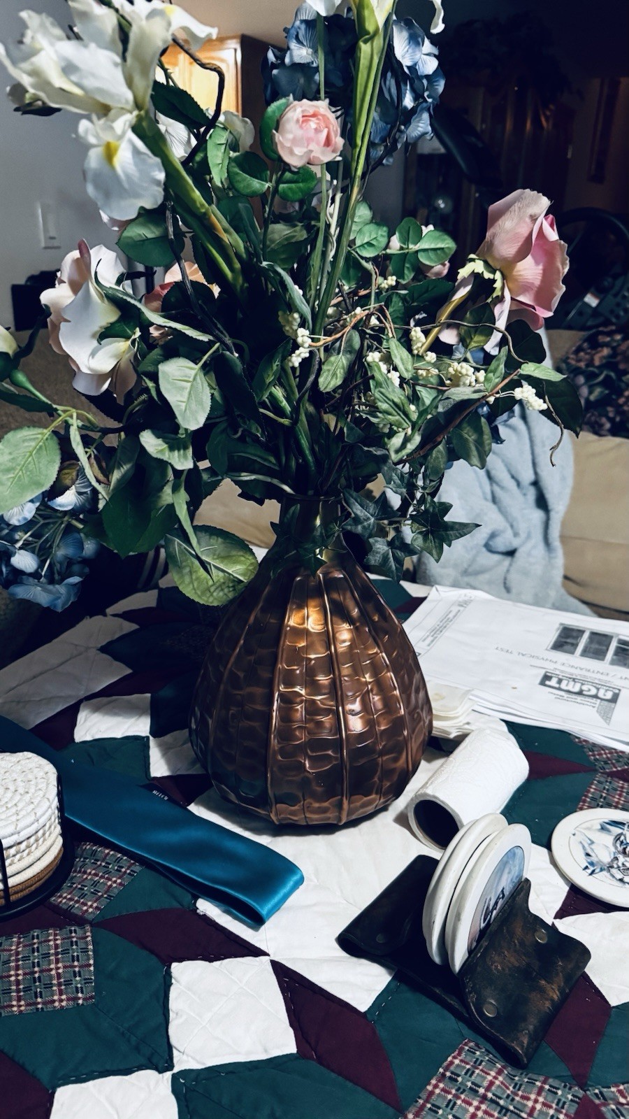 Multicolor Artificial Silk Rose Hydrangea Iris Arrangement in Copper Vase