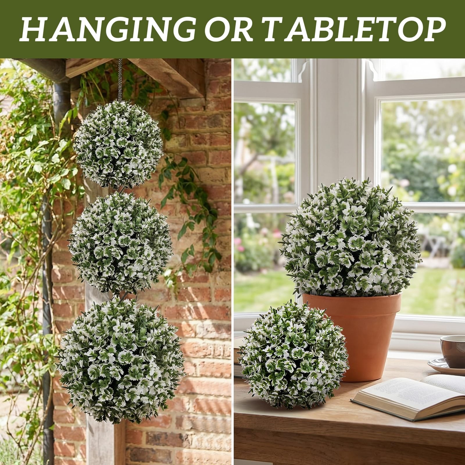 3 Pcs Artificial Boxwood Topiary Set – Mixed Size (9″, 7″, 4.7″) White-Edged …