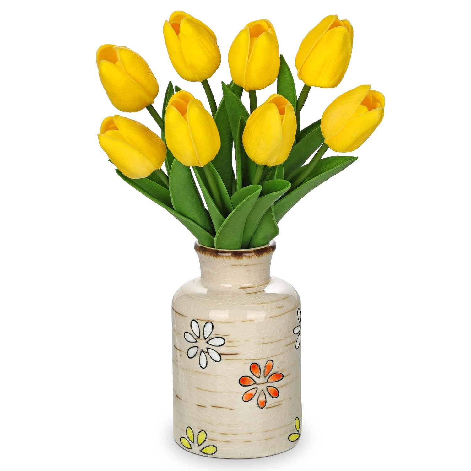 10.6 inch Artificial Tulips in Ceramic Vase, Real Touch Fall Faux Yellow Tuli…