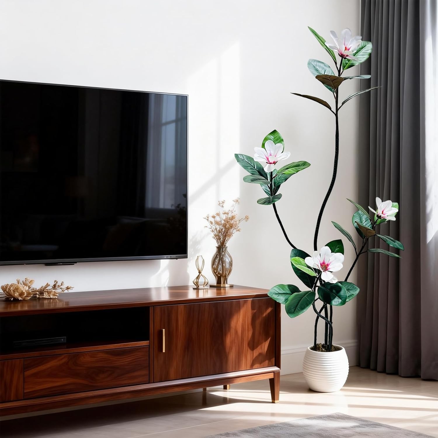 150cm Artificial Magnolia Tree, Lifelike Faux Rubber Plant with Magnolia Flowers