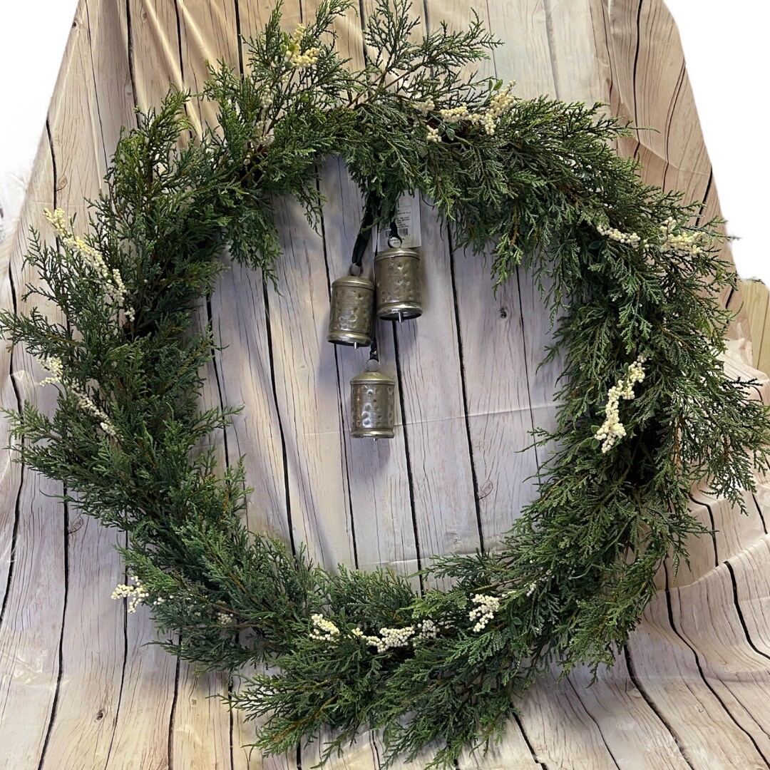 32″ Faux Cedar Plant Wreath with White Berries and Bells – Hearth & Hand with Ma