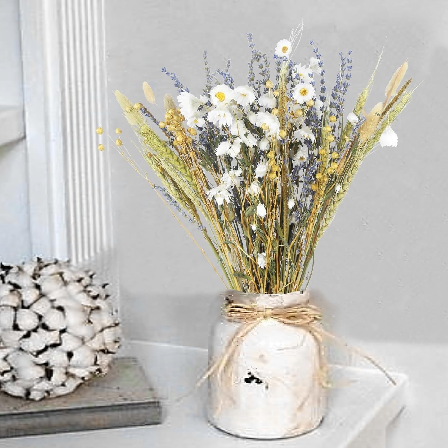 Dried Flower Bouquet Natural Lavender Daisy Bunny Tails Wheat Decor 17in