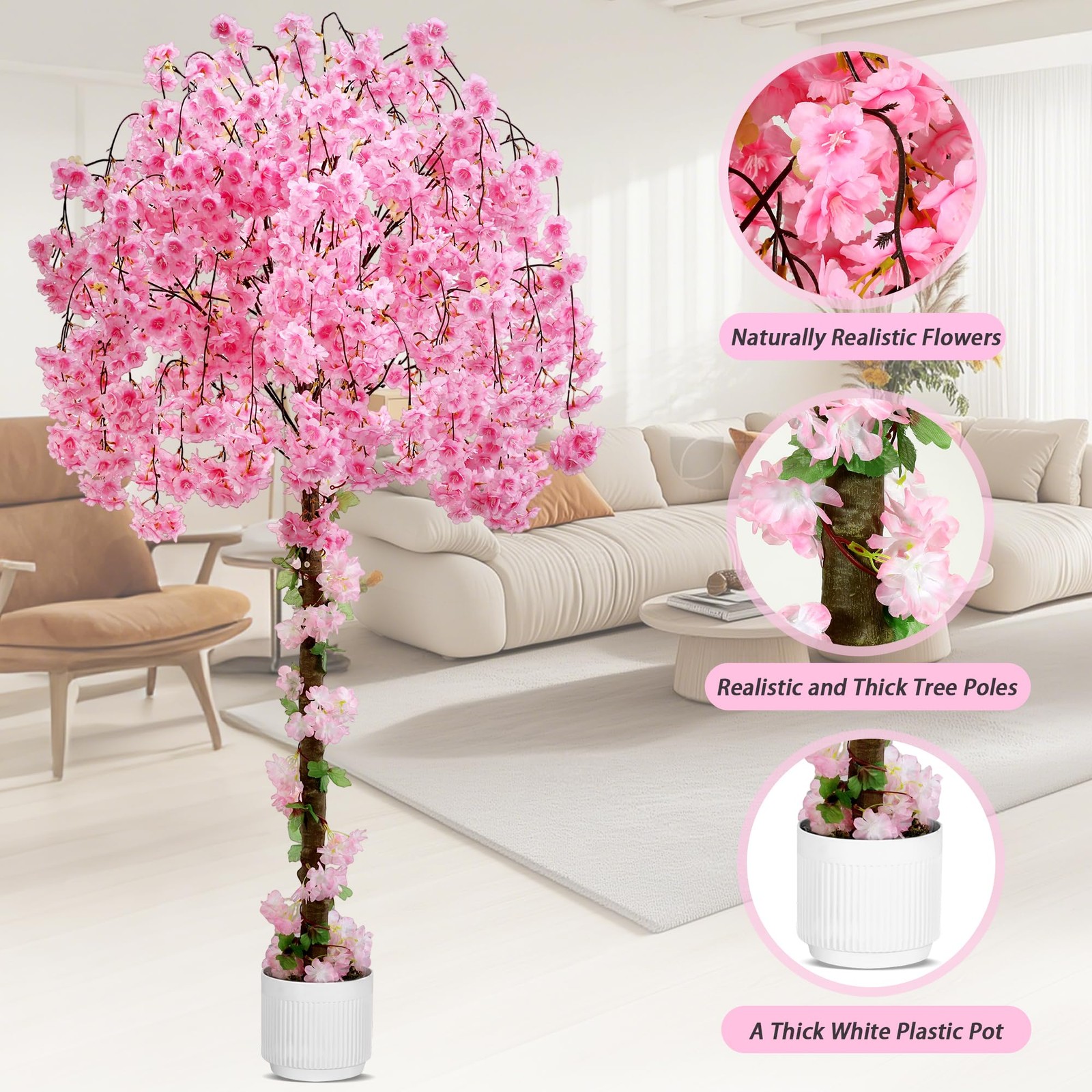 Artificial Cherry Blossom Tree, 6FT Height with 100 LED Lights, Faux Silk Pla…