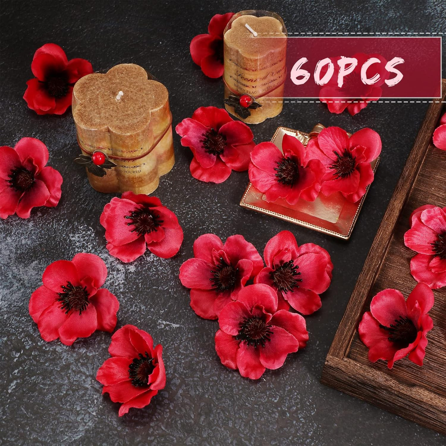 Xinnun 60 Pieces Artificial Poppies Flowers Red Poppy Artificial Silk Faux Steml