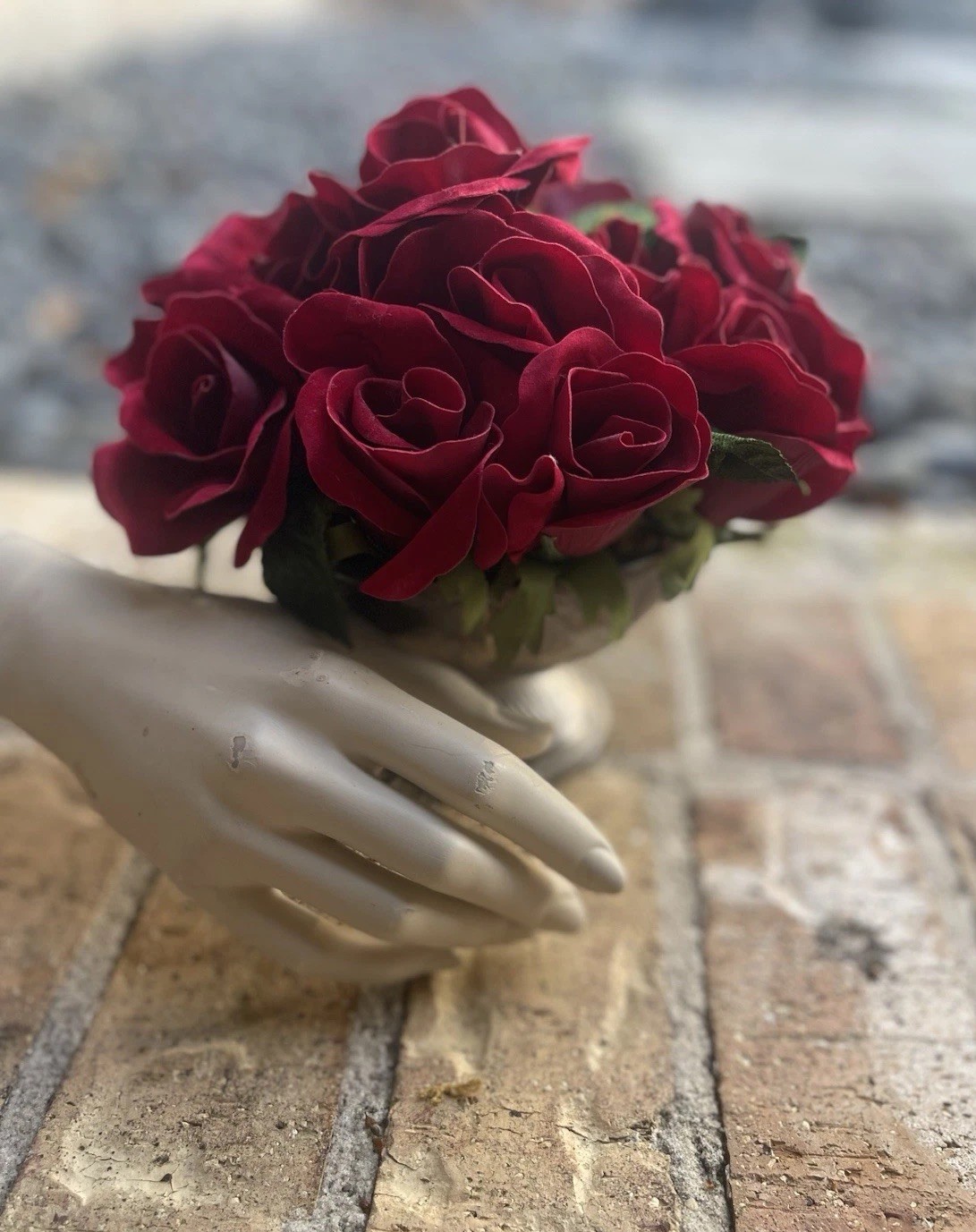 Faux Red Rose Small Arrangement In Aged Silver Pedestal Urn