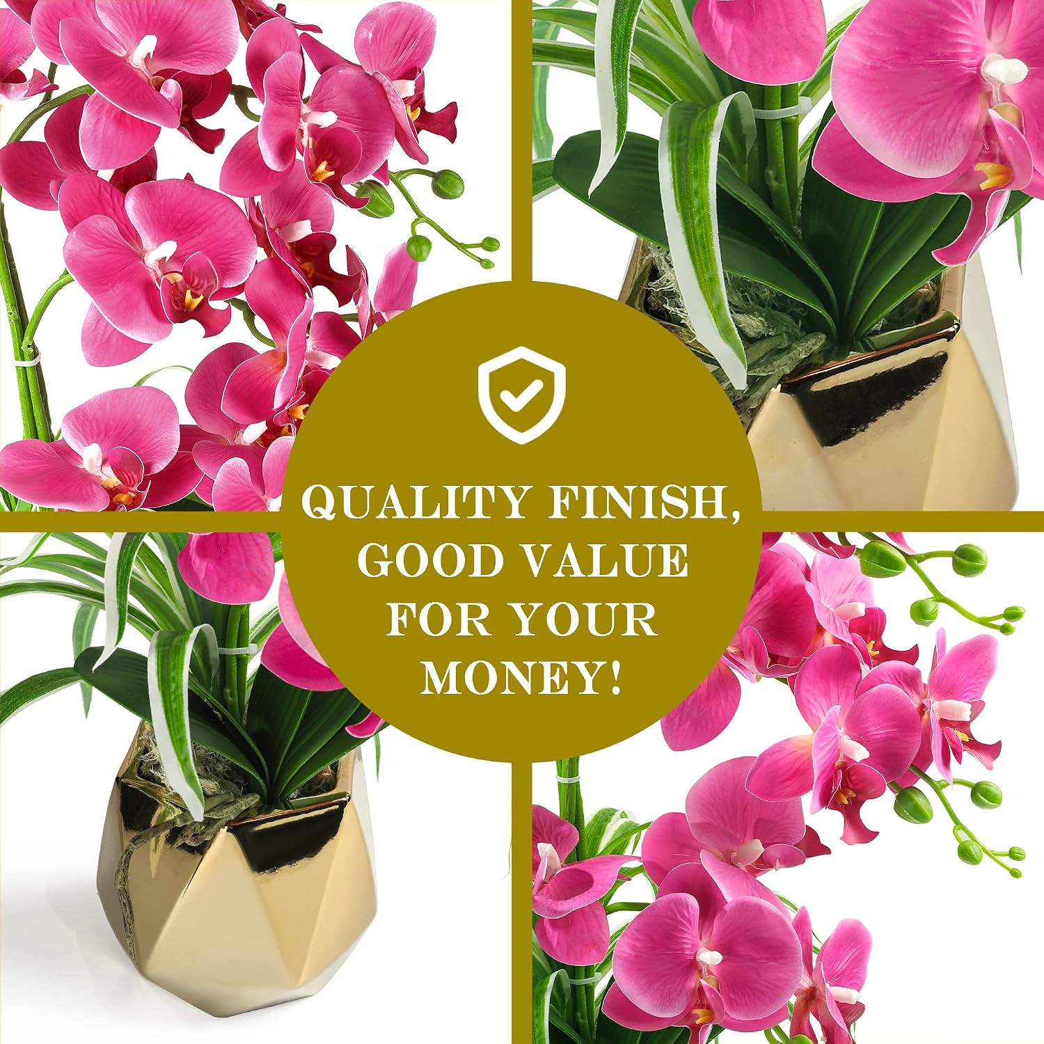 Fuchsia Artificial Orchids in Gold Vase | Elegant Home Decor Plant