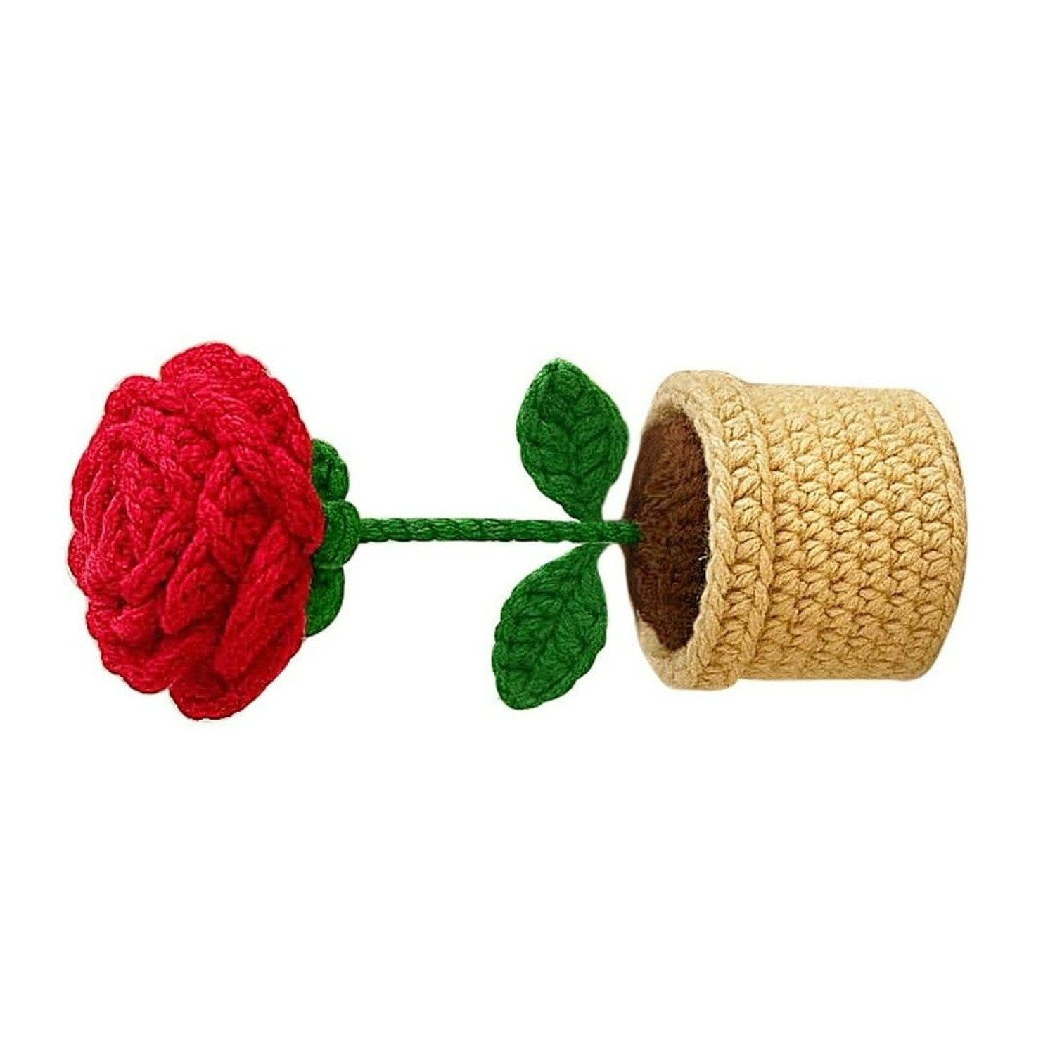 Hand Knitted Eco Friendly Crochet Artificial Hand Woven Yarn Red Rose Pot