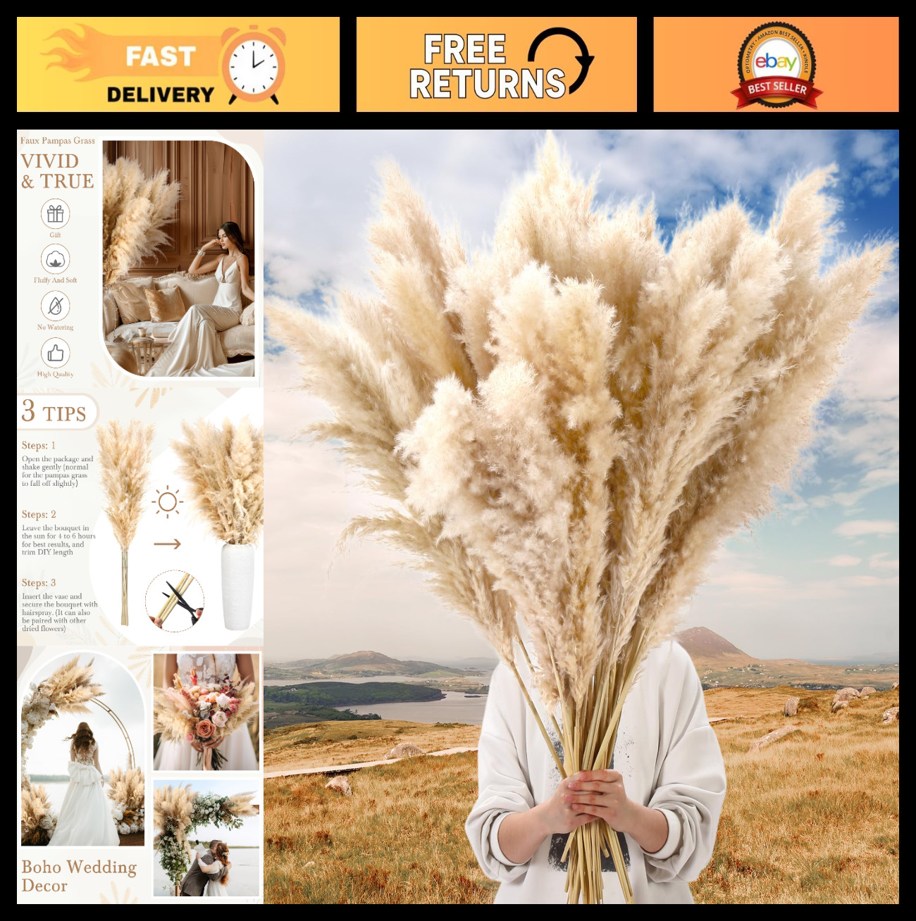 100 Stems Dried Pampas Grass – Large Natural Beige Decor for Weddings, Boho Home