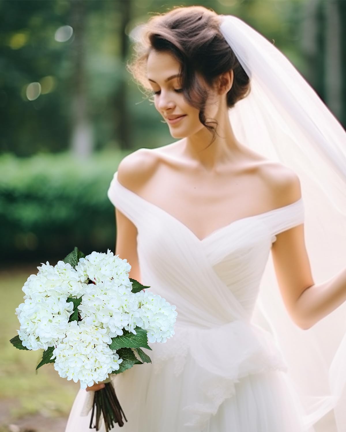 6PCS White Artificial Hydrangea Flowers Silk Faux Bouquets for Wedding & Home