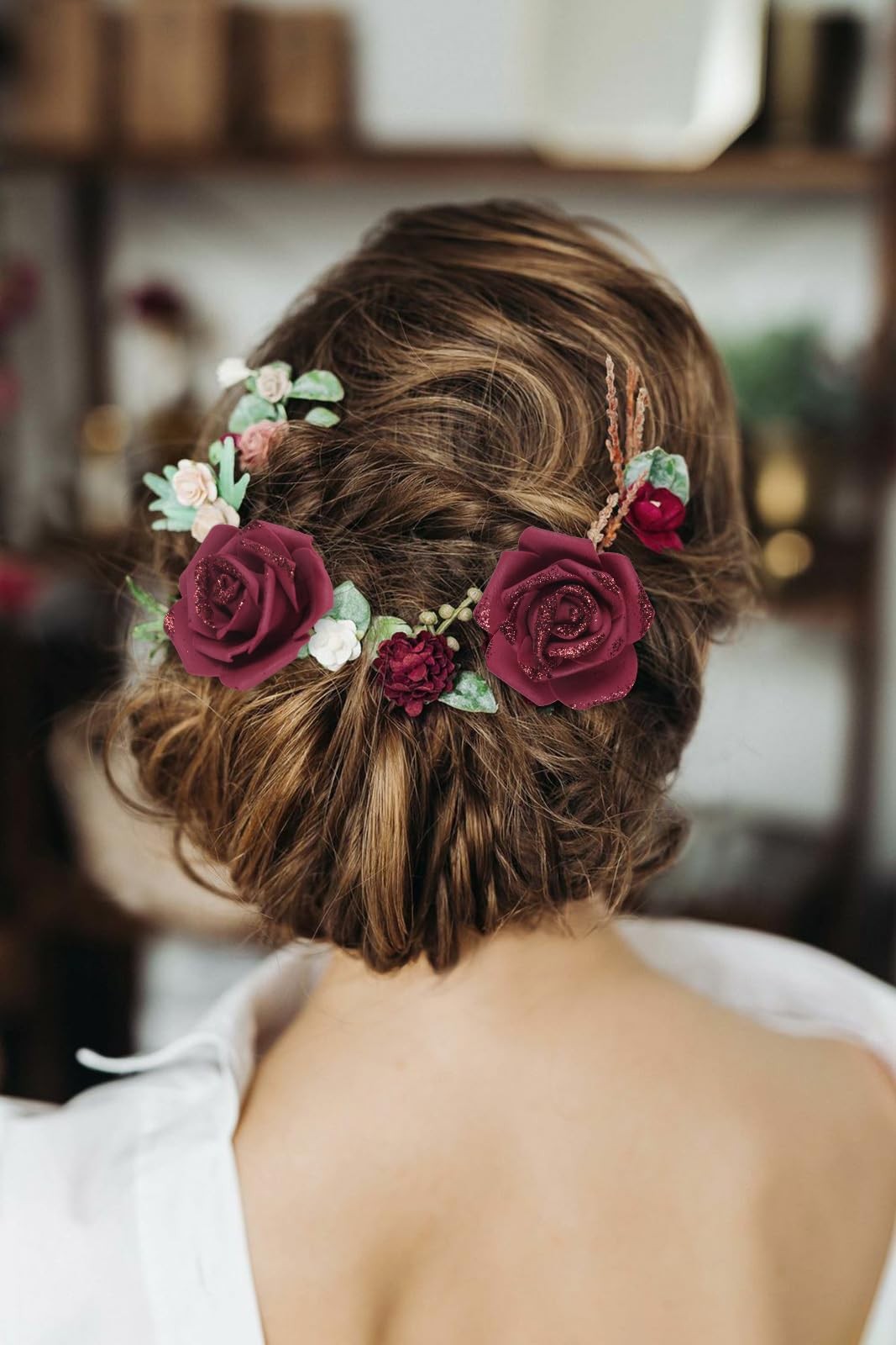 100 PCS 2.56 Inch Burgundy Glitter Foam Roses Fake Artificial Flowers Bridal