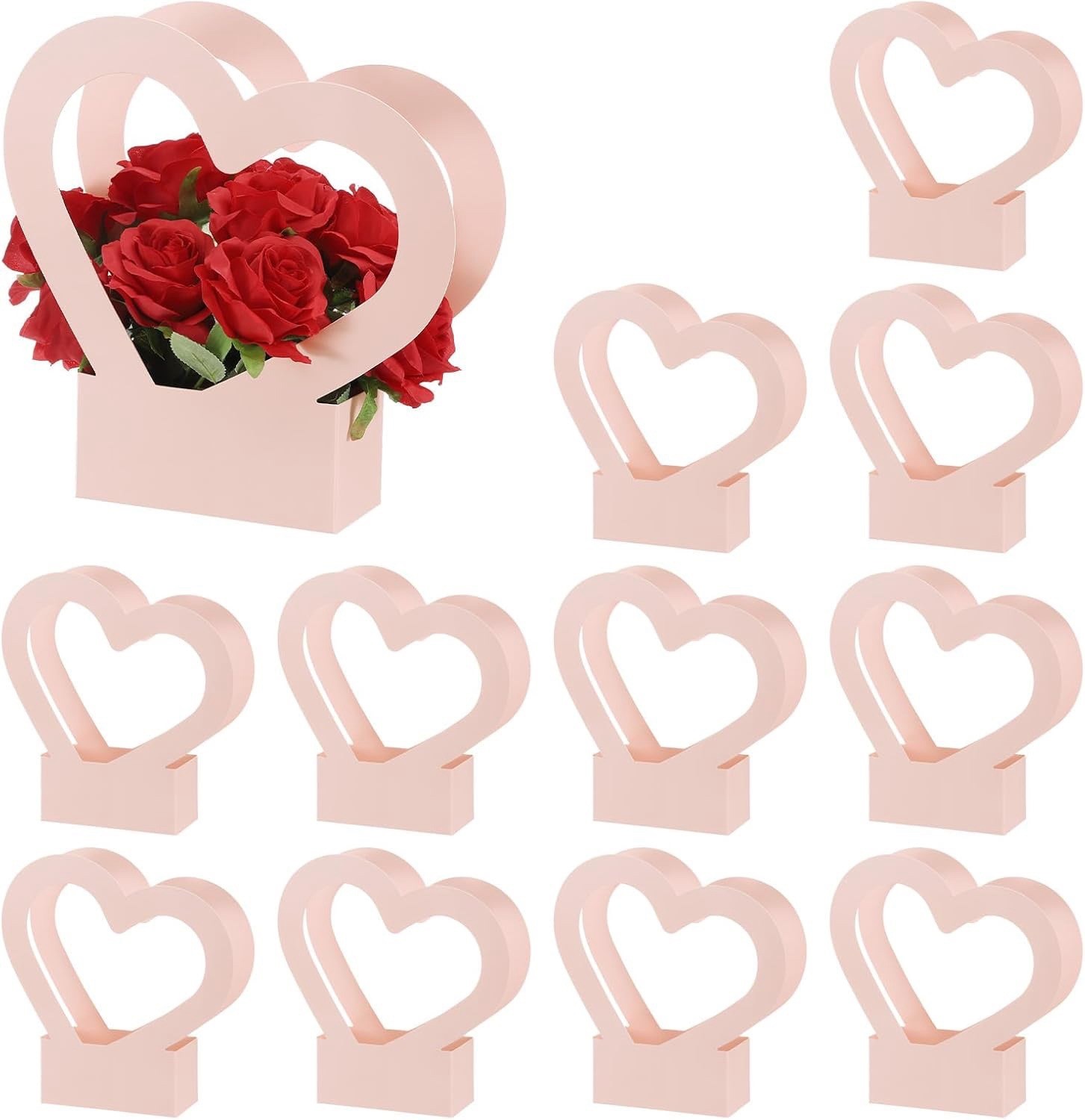 12 Pink Heart Shaped Flower Boxes, Bouquet Gift Bag + Handle Centerpiece Decor
