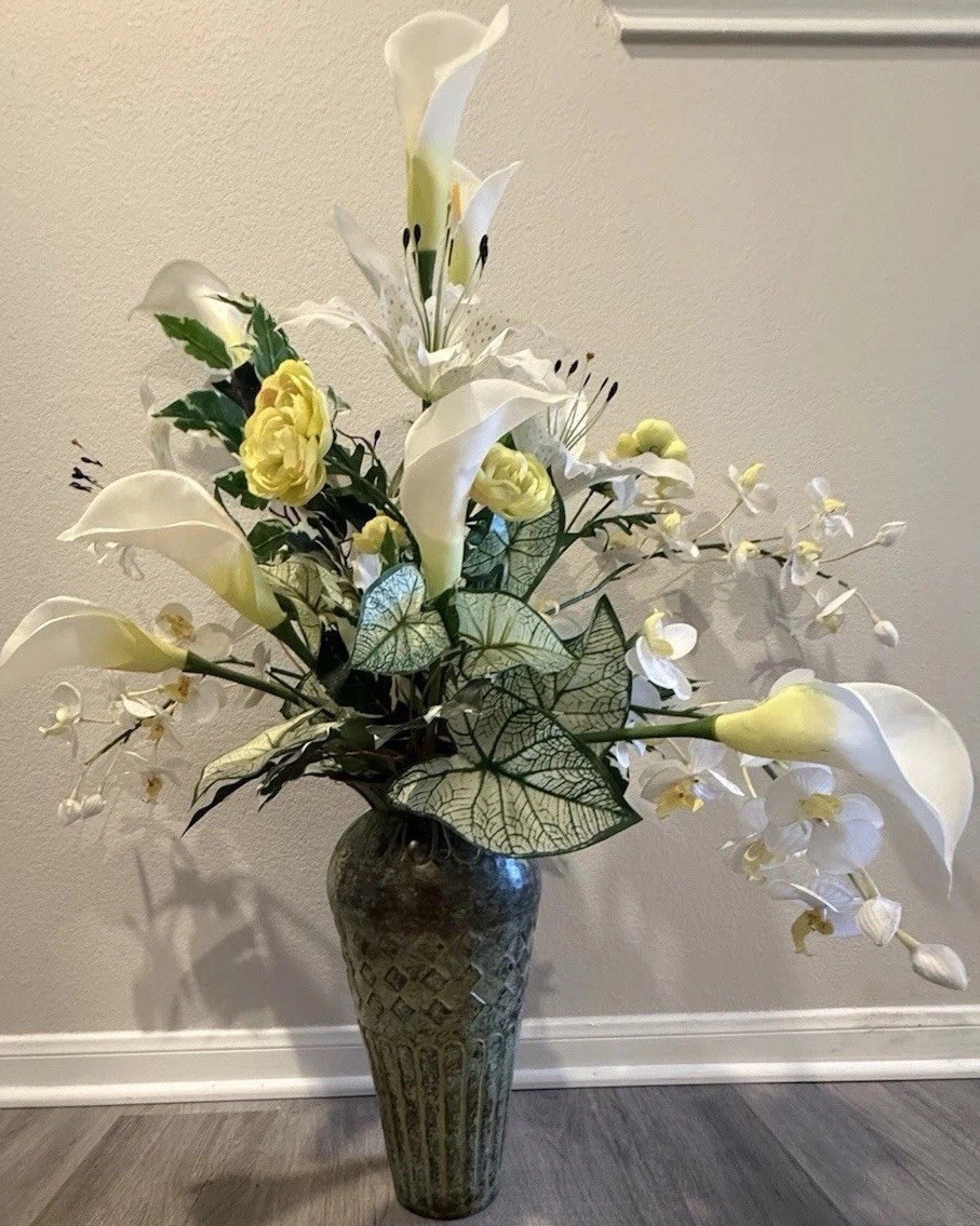 Silk Floral White Callas Lillies Yellow Roses And White Orchids Set In Textured