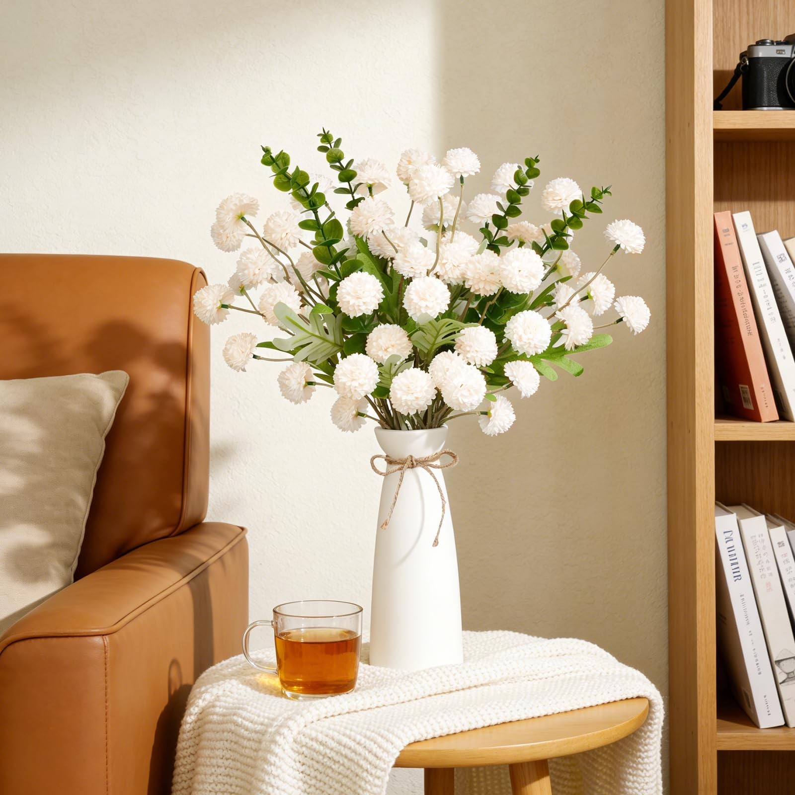 12pcs Champagne Artificial Flowers with White Ceramic Vase ,Faux Flowers for …