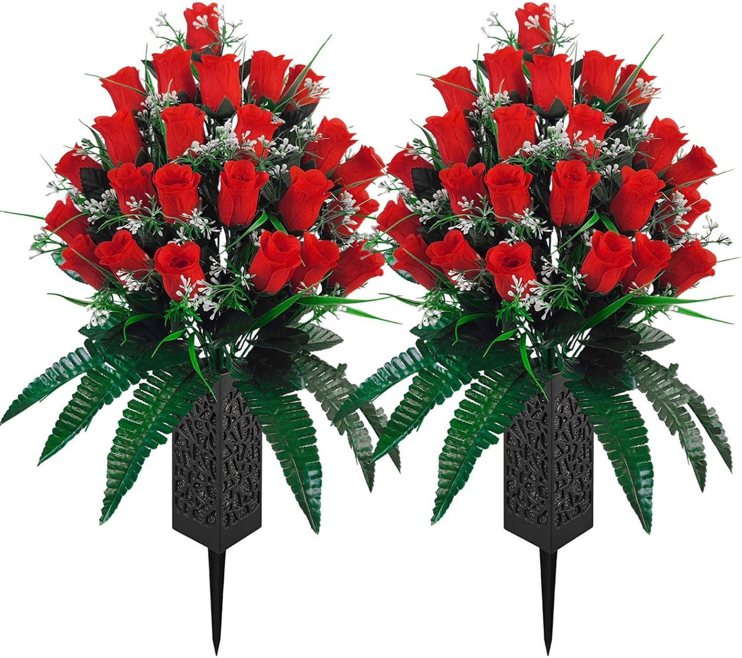 Set of 2 Cemetery Flowers for Grave with Spiked Vases, 24-Stem Red Artificial Ro