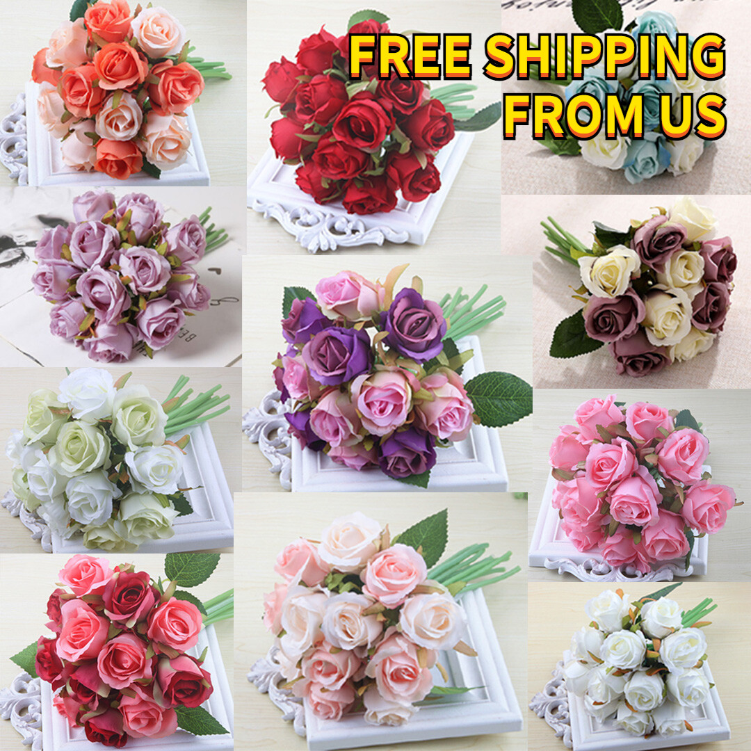 12 Color 12Head Rose Flower Silk Floral Wedding Bridal Bouquet Home Party Decora