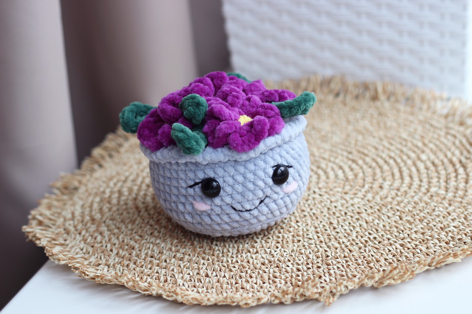Handmade Crochet Plush Violet in Pot – Soft Amigurumi Plant Toy, No-Water Decor