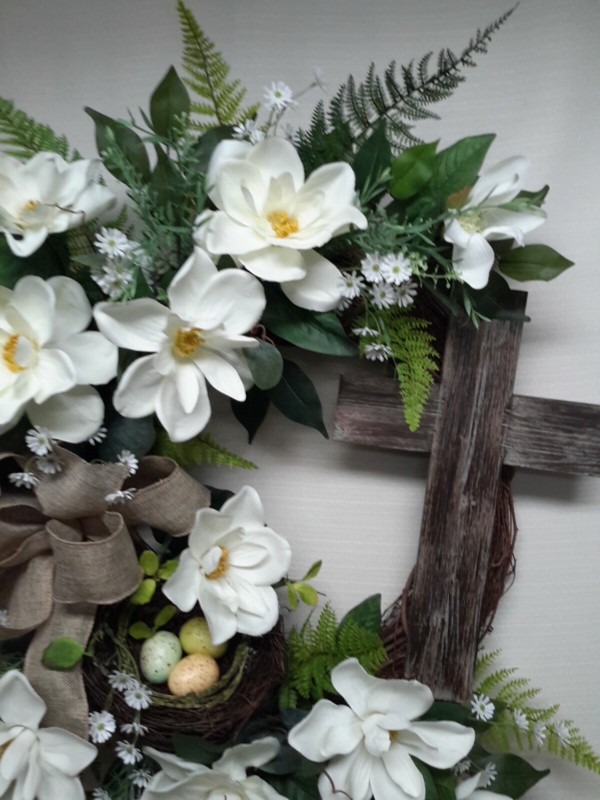 Spring Flower Wreath Easter Cross Door Wall Decor Magnolia Bird Nest Wreath