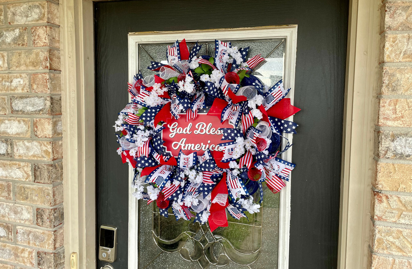 Patriotic USA God Bless America Floral 4th of July Deco Mesh Front Door Wreath