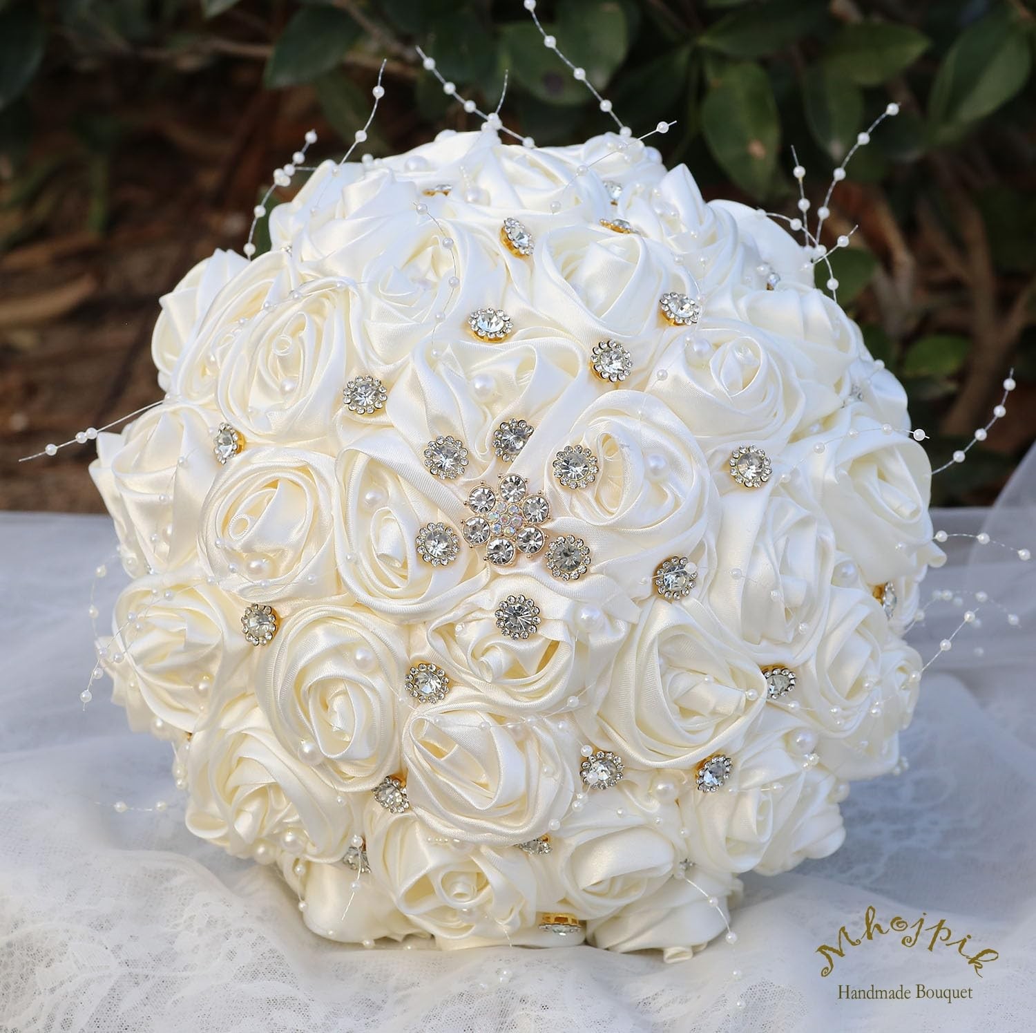 Bridal Wedding Bouquet Round Bling Brooch Toss Artificial Rose Ivory 6.3 Inch