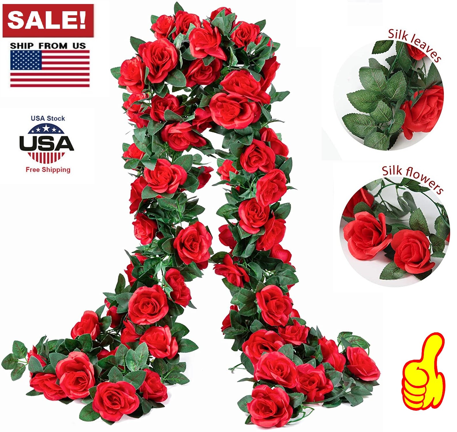 7.5 Ft Red Garland Wall Silk Artificial Hanging Rose Flowers Vine Wedding Decor