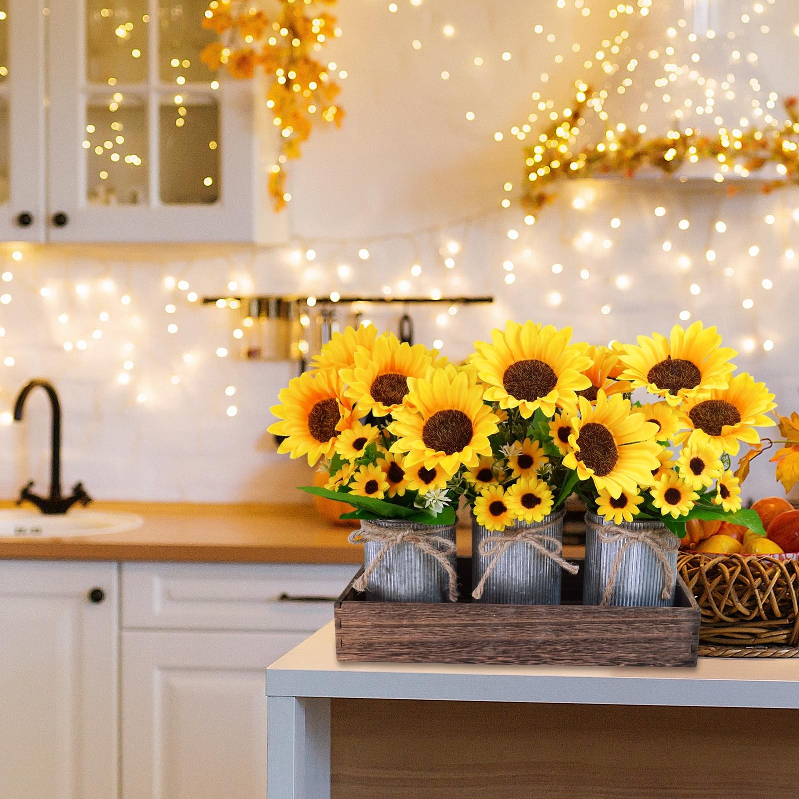Set of 3 Artificial Sunflowers Metal Pot Centerpiece Farmhouse Sunflowers Flo…