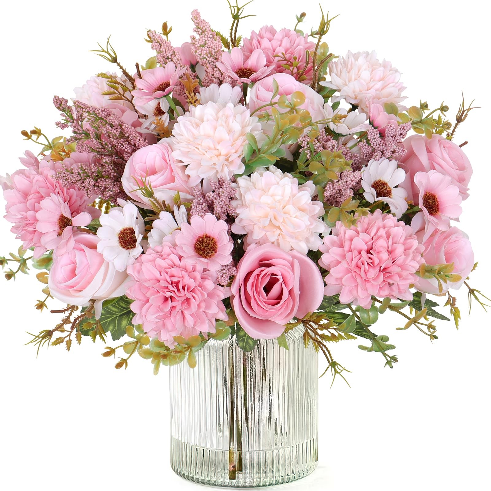 Artificial Flowers Like Real Bouquet 4 Packs Silk Roses Daisy Pink