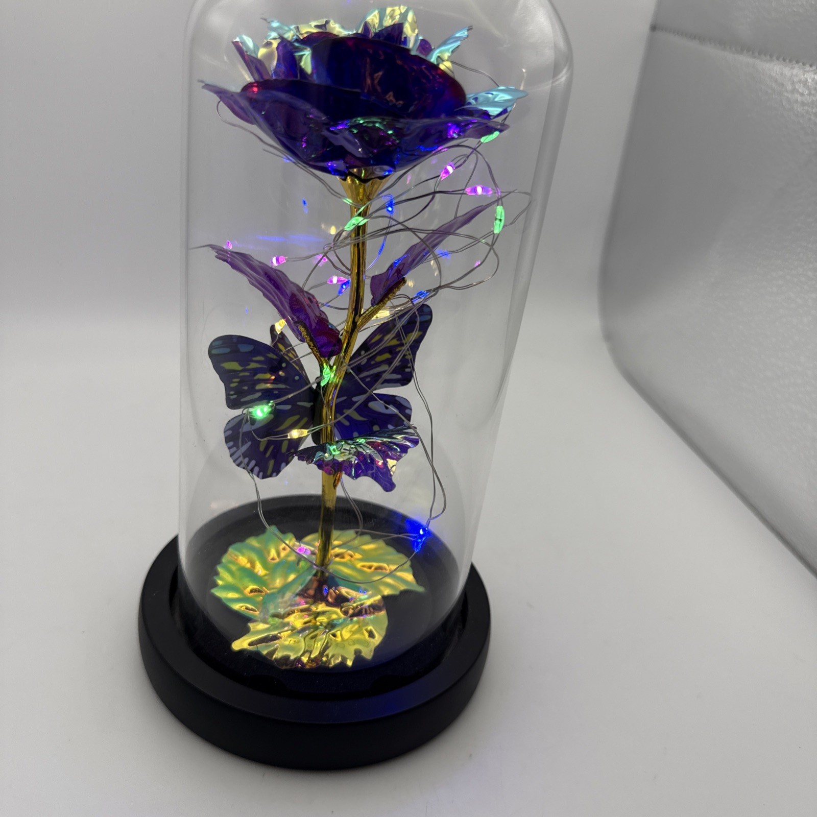 Purple Rose Flower & Butterfly in Glass Dome Cloche LED Lighted Floral Display