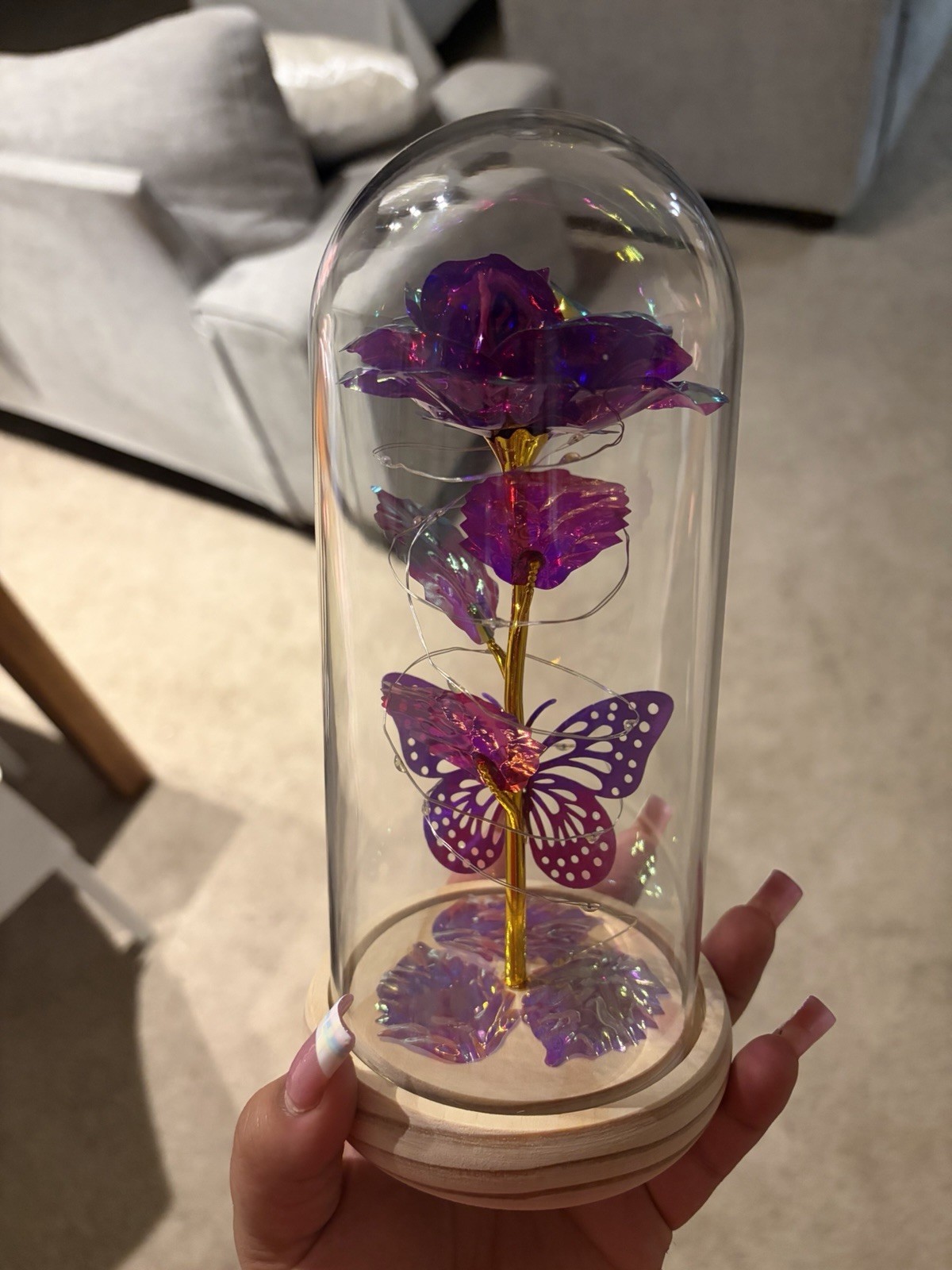 LED Light Up Artificial Purple Rose & Butterfly Glass Dome Cloche Wood Base