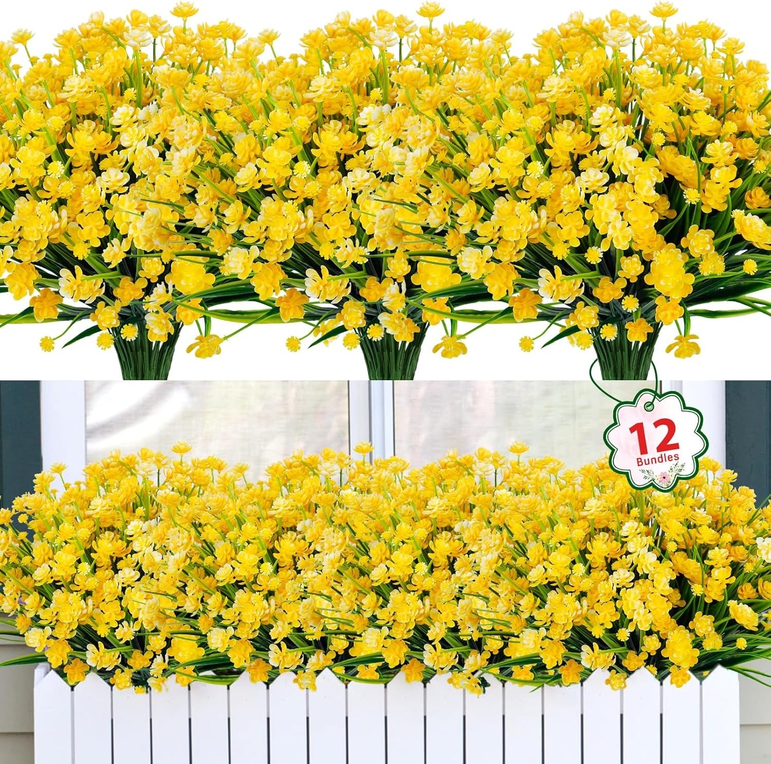 Elegant Yellow Artificial Flowers: 12 UV Resistant Bundles for Charming Spaces