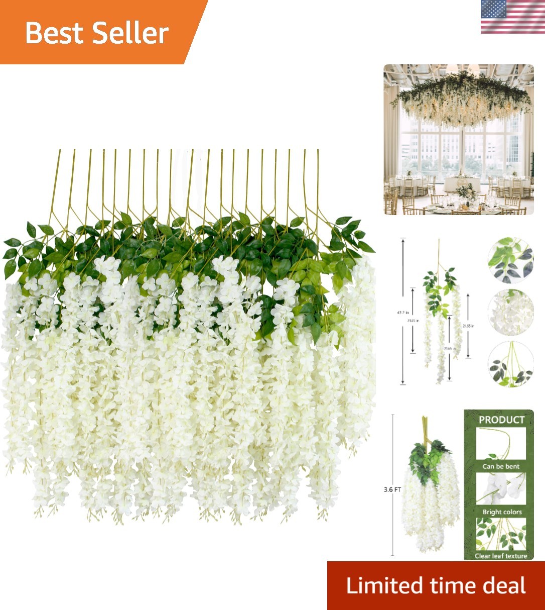 Beautiful 12 Pcs White Dense Wisteria Vines – Silk for Home & Events
