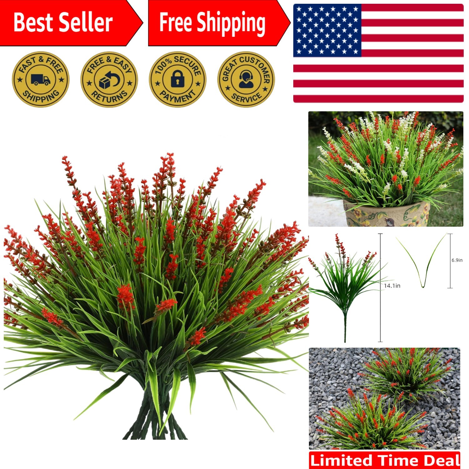 Bendable Red Wildflowers: 12 Bundles of UV-Proof Faux Plants for Any Space