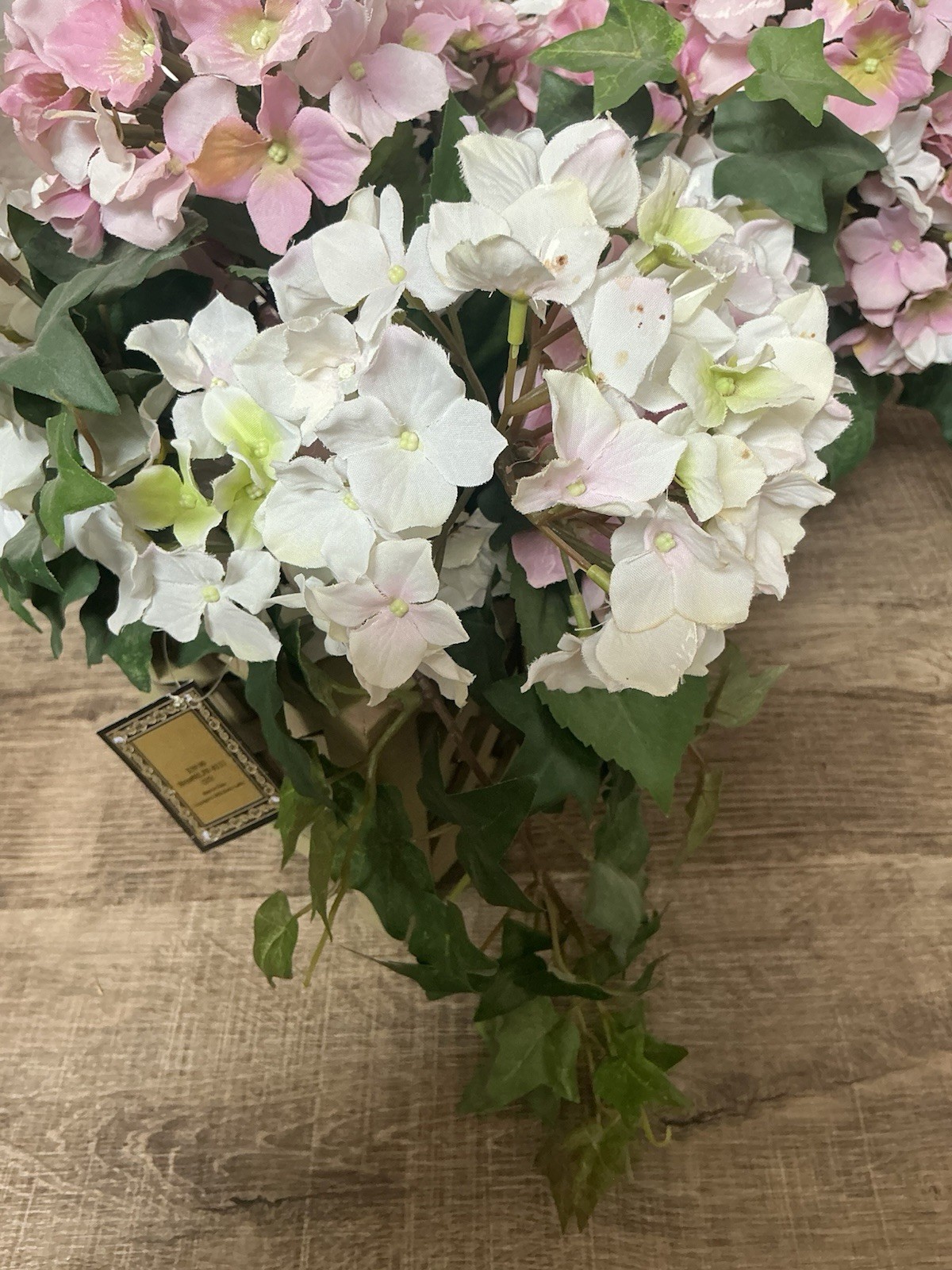 Hydrangea Faux Flower Arrangement Pink White In Planter Box 14x5x6