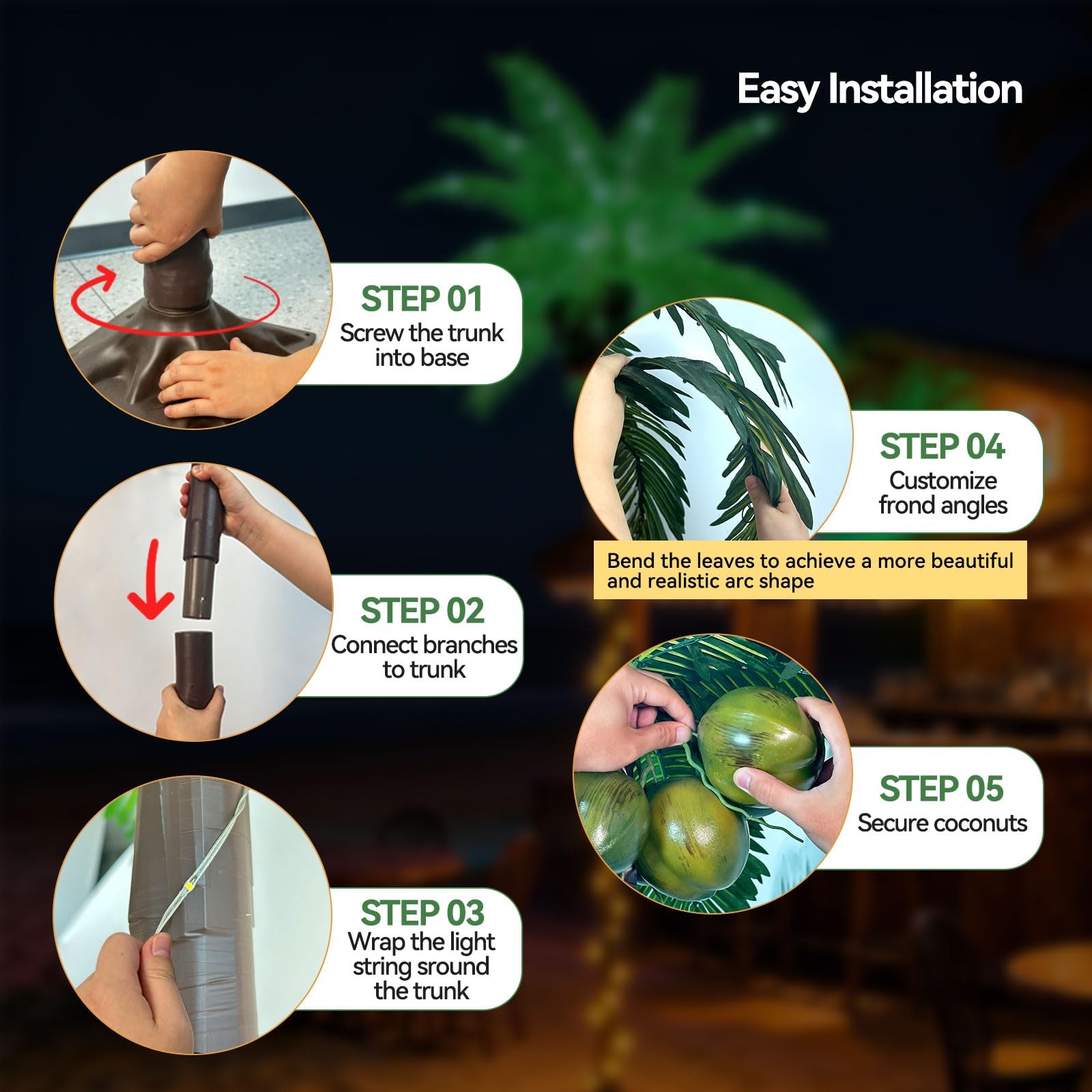 Ledido 5FT Christmas Palm Tree for Outdoor, 5ft, Warm White（solar&plug）