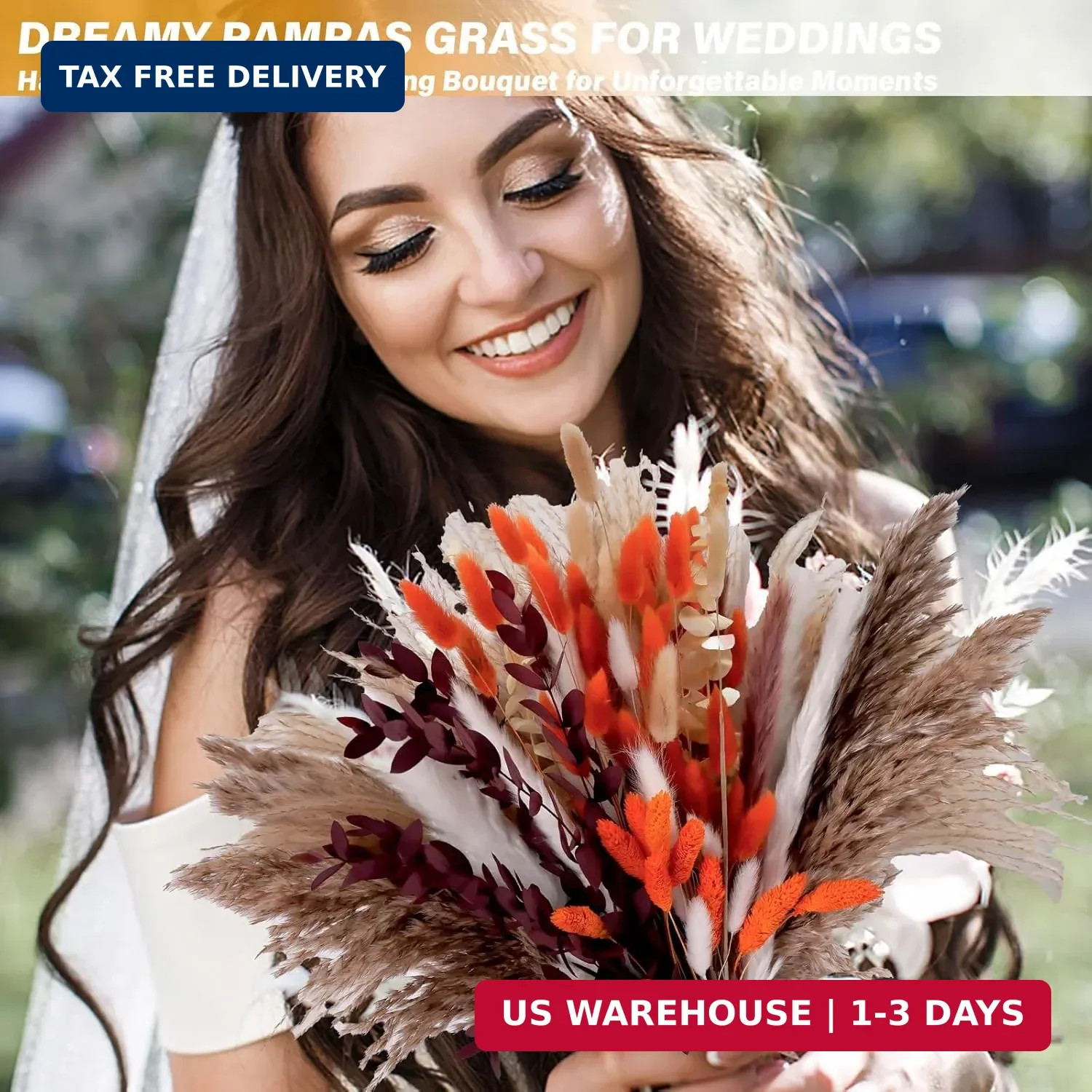 130Pcs Real Orange Pampas Grass, 17″ Natural Dried Flowers Boho Winter Decor, Mi