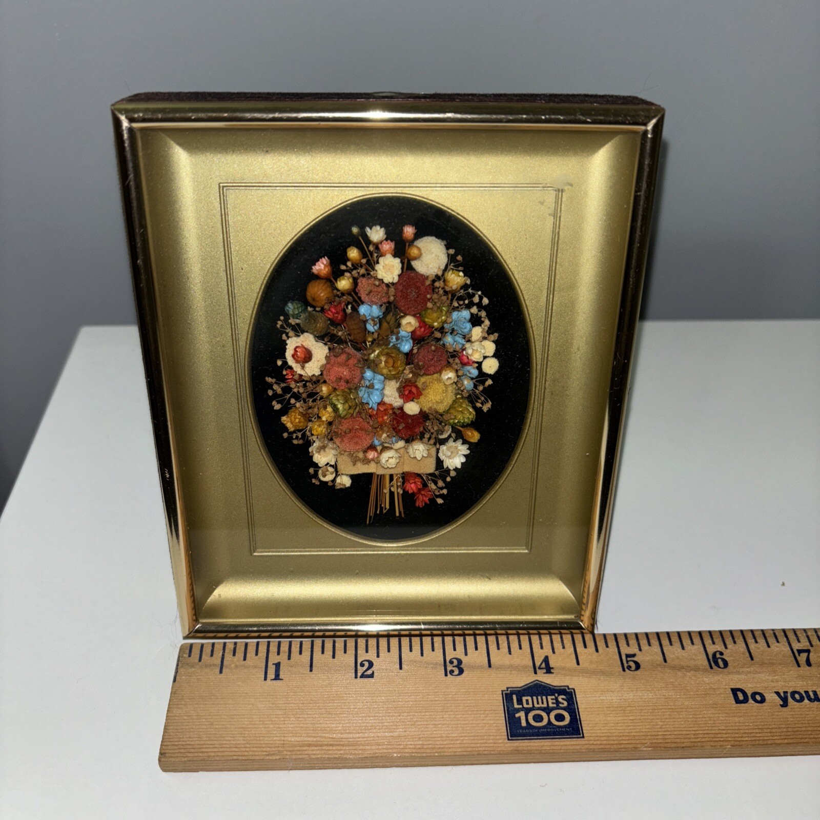 Vintage Pressed Dried Miniature Bouquet Art Velvet Gold Toned Frame MCM Cottage