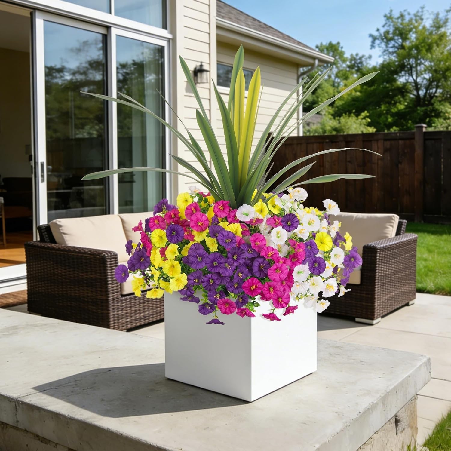 Vibrant Faux Flowers Bundle: 12 Silk Morning Glories with Eucalyptus for Patios