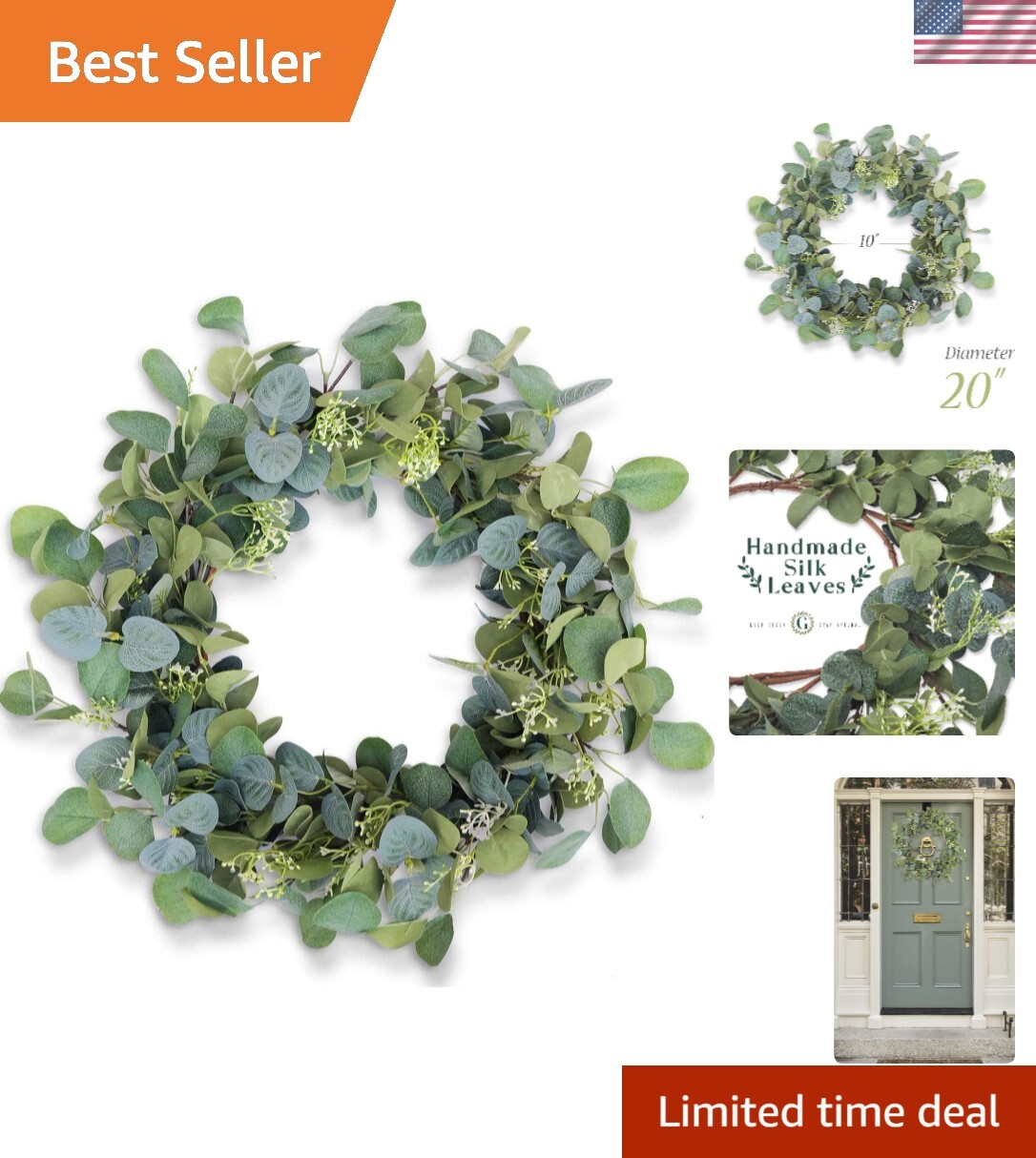 20” Silk Eucalyptus Wreath for -Round Charm – Indoor and Outdoor Use