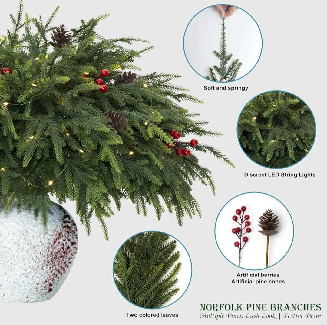 20 Pcs Christmas Norfolk Pine Branches 24″ Artificial Decor w/ White Lights NEW