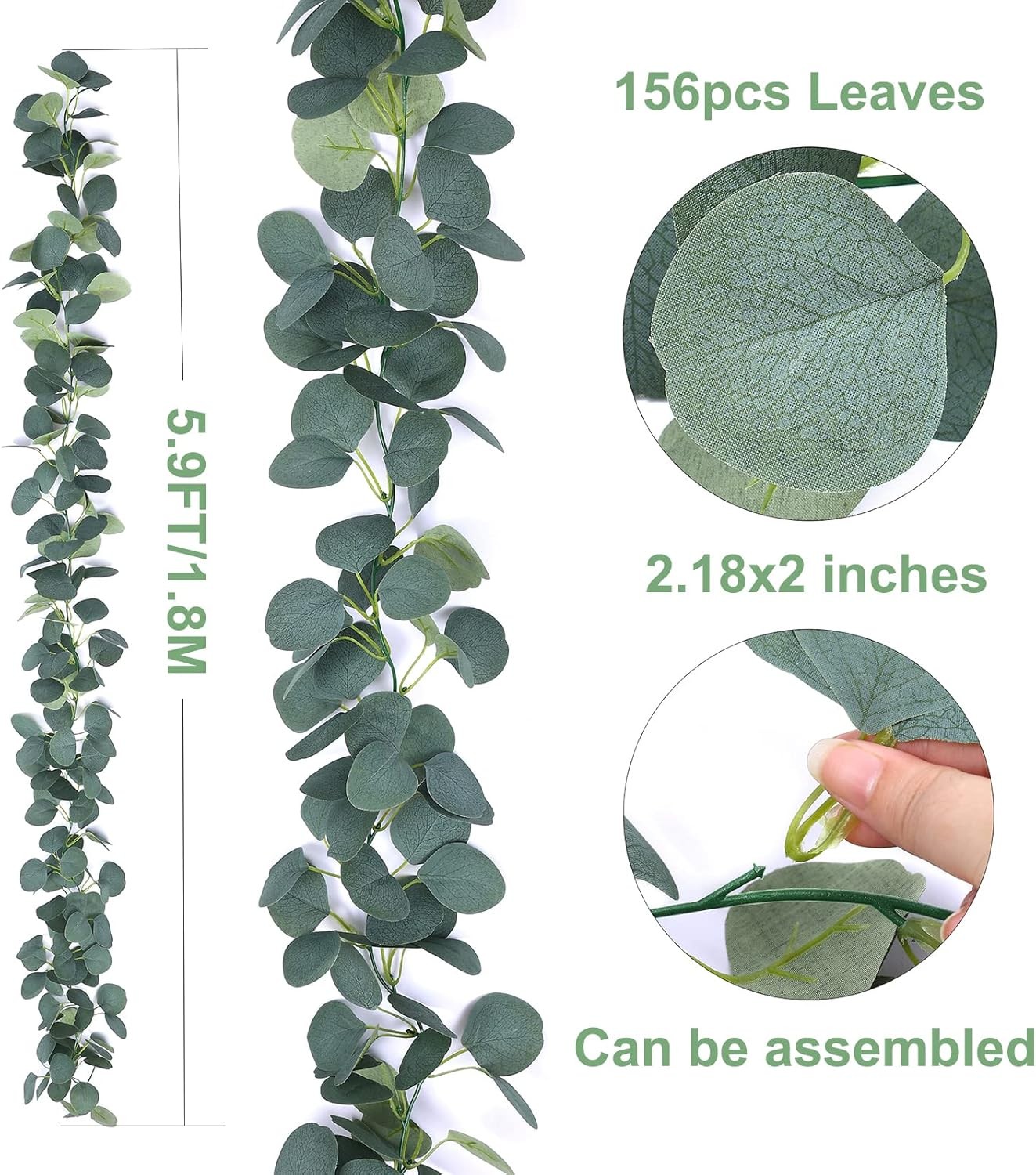 2 Pack Artificial Eucalyptus Garland Faux Silk Leaf Silver Dollar Eucalyptus