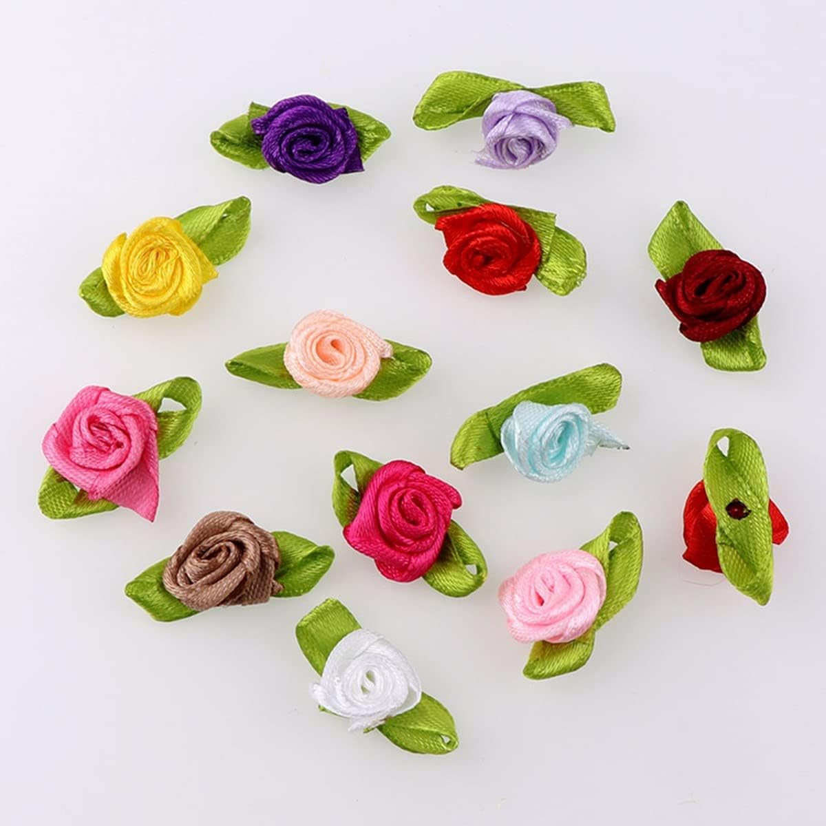 Mini Ribbon Roses, 100Pcs Artificial Fabric Flowers with Green Leaves Mixed Colo