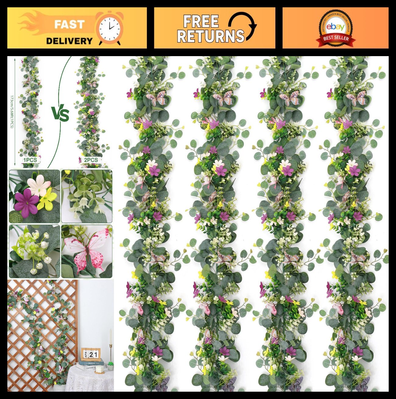 4 Pack 5.68 FT Artificial Daisy Garland with 3D Butterflies, Floral Vines for We