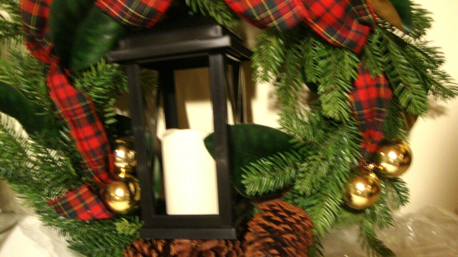 25 inch Winter Pine Wreath with bow and led Lantern – SALE