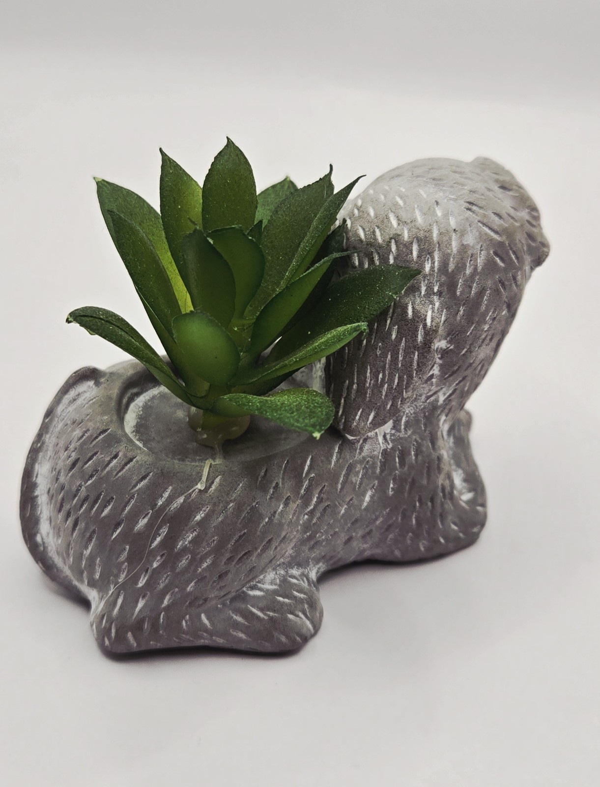 Cute Shaggy Puppy Dog Planter with Artificial Succulent Mini Decor Grey