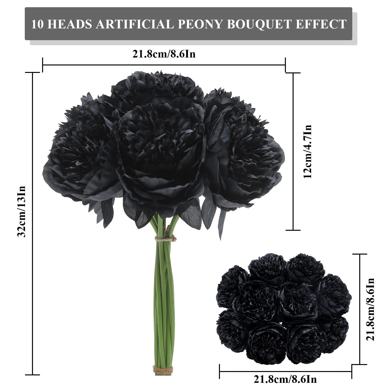 10 Heads Artificial Peony Silk Flower Leaf Home Office Wedding Decor Black